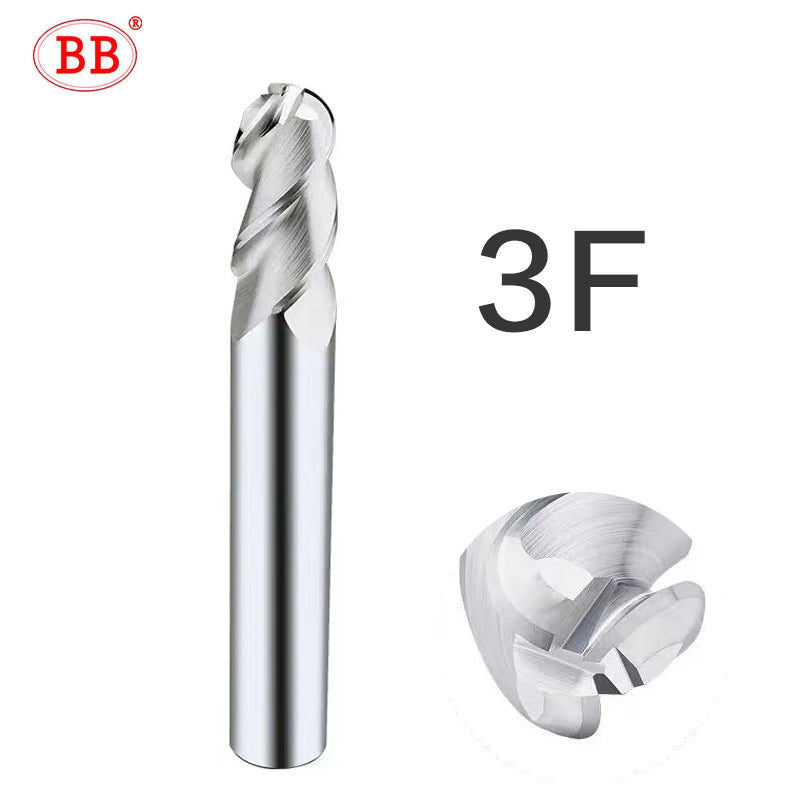 BB Ball Nose End Mill 3 Teeth Solid Carbide CNC Profile Finishing Machining Radius R0.5-R10 Steel Al Copper Cutting Tool