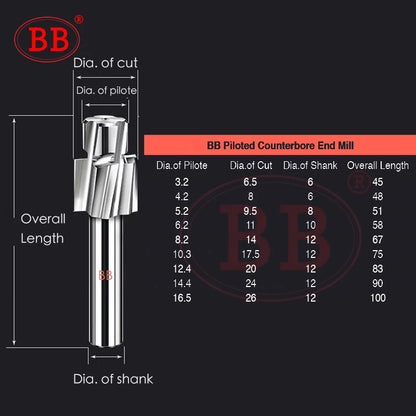 BB Counterbore End Milling Tool HSS M3-M16 for Flat Bolt Holes Screw Caps Ejector Cap Countersink