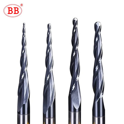 BB Taper Ball Nose End Mill Solid Carbide Engraving Router Bit Relief Wood Metal CNC Milling Cutter Coated 3.175mm 4mm 8mm 10mm