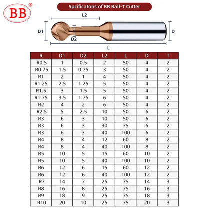 BB Ball T Shape Cutter Solid Carbide 3D End Mill R2 R3 R4 R5 R6 Metal Steel Aluminum Copper Iron