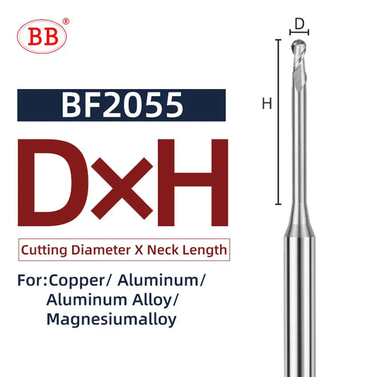 BB Micro Ball End Mill Long Neck Aluminum Small Carbide Milling Cutter (R0.1-R0.45,BF2055)