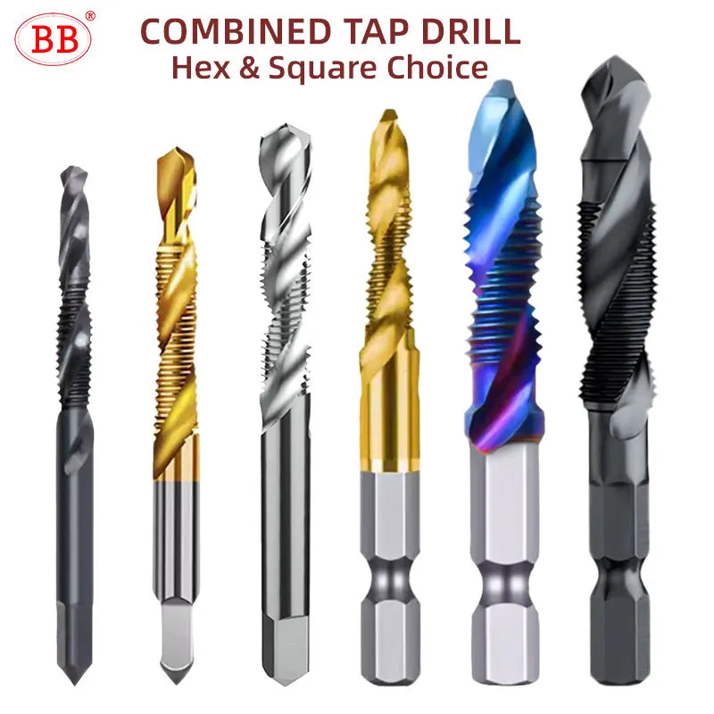 BB Tap Drill Bit Combination TiN HSS Carbide ISO H2 Metric Machine Hand Thread Drilling Tool Hex Square Shank Set for Metal Wood