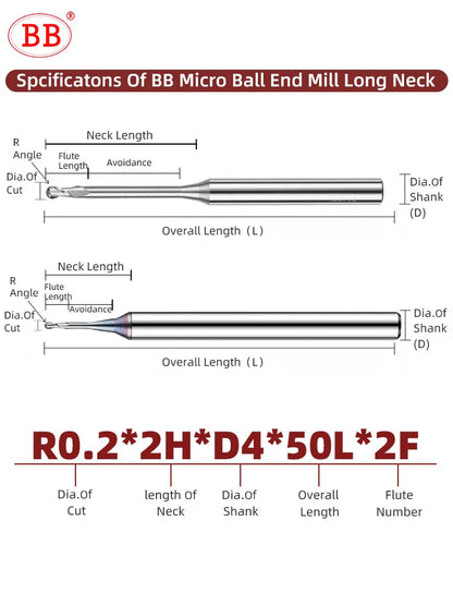 BB Micro Ball End Mill Long Neck Aluminum Small Carbide Milling Cutter (R0.1-R0.45,BF2055)