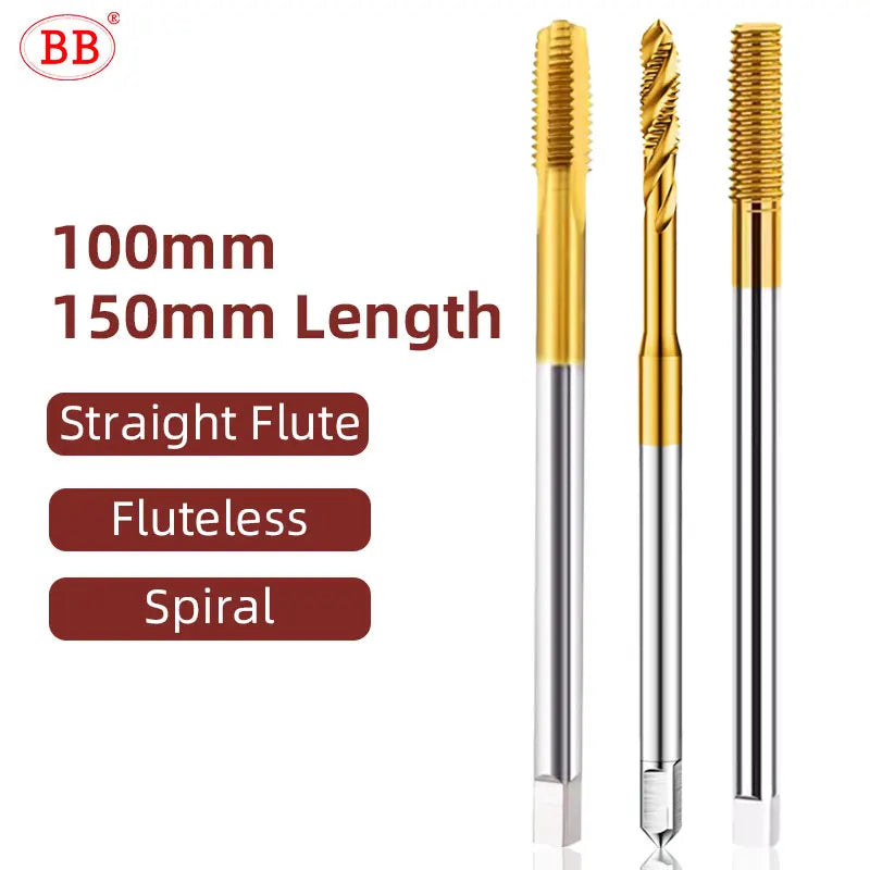 BB Machine Tap Long Length HSS TiN Straight Flute Fluteless Spiral Flute Thread Tool M2-M12