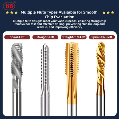 BB Left Tap Machine Thread Tool Spiral Straight Flute TiN HSS M2-M20 for Metal