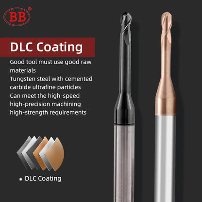 BB Micro Ball End Mill Long Neck Carbide CNC Mini Machining Cutter Tool for Steel Metal (R0.05-R2,BK2063)