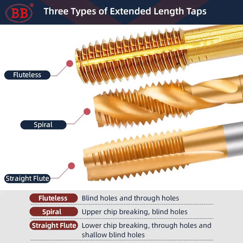 BB Machine Tap Long Length HSS TiN Straight Flute Fluteless Spiral Flute Thread Tool M2-M12