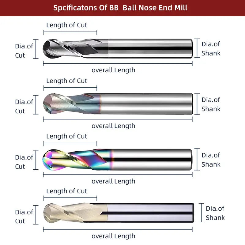 BB Ball Nose End Mill CNC Machining Cutter Solid Carbide Radius Tool DLC Coated for Alloy Aluminum Copper BC2055