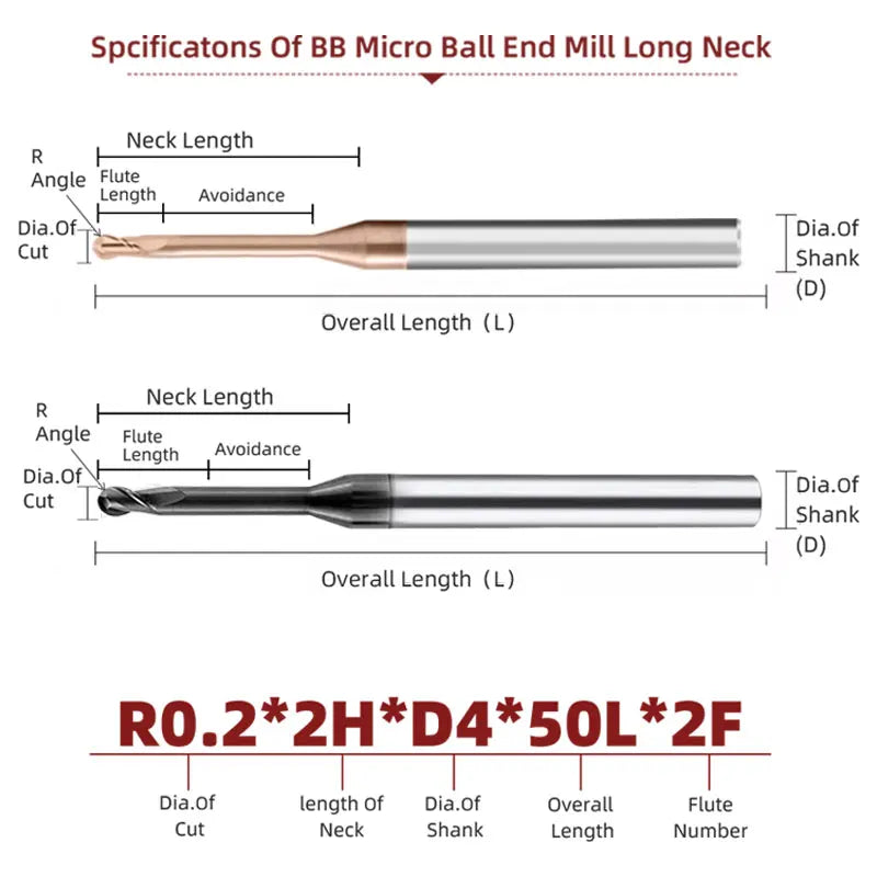 BB Micro Ball End Mill Long Neck Carbide CNC Small Mini Rib Deep Machining Cutter R0.1 R0.75 R1.5 Tool for Steel Metal